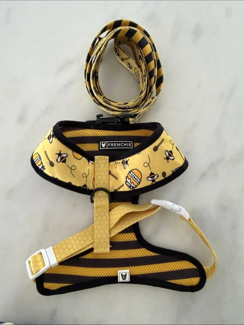 Frenchie Yellow and Black Bee-Print Dog Harness with Striped Leash